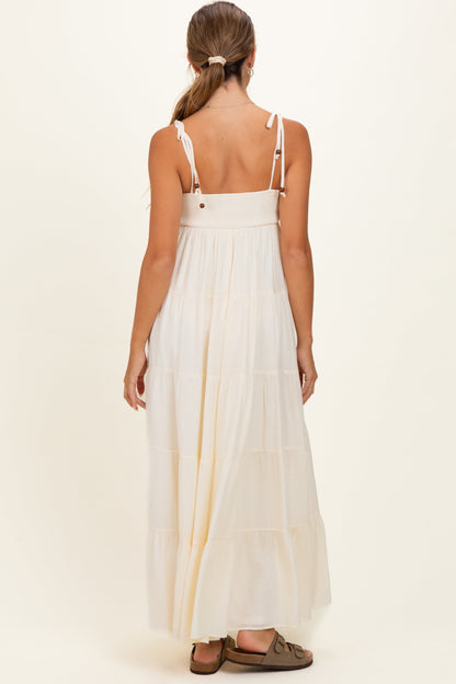 Cream Crochet Detail Tiered Shoulder Tie Maternity Maxi Dress