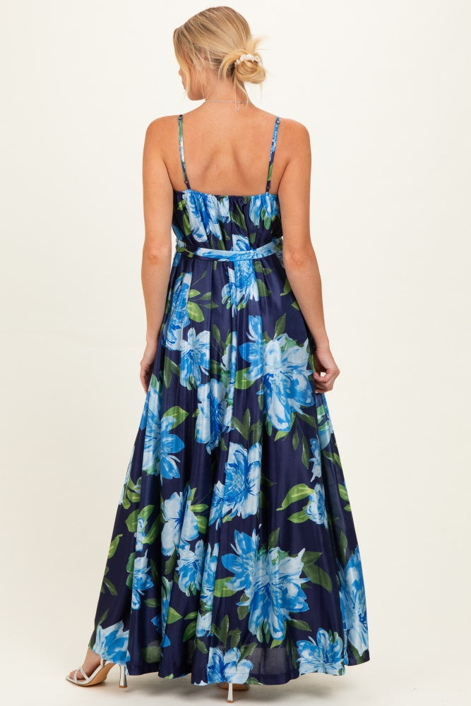 Navy Floral Waist Tie Maternity Maxi Dress