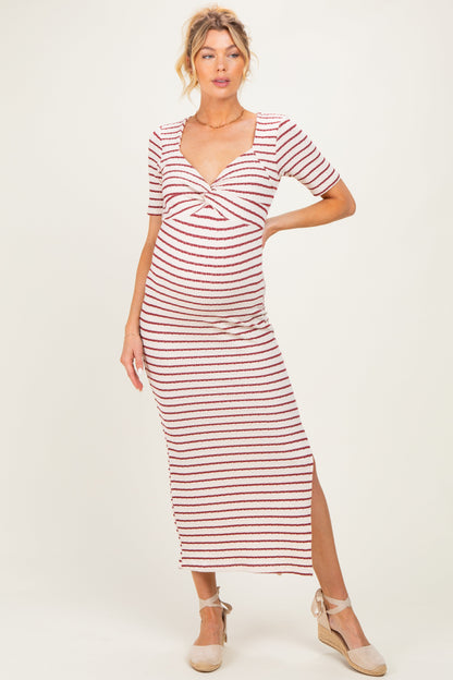 Cream/ Burgundy Striped Knit Short Sleeve Maternity Maxi Dress