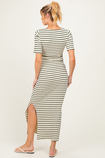 Cream/ Olive Striped Knit Short Sleeve Maternity Maxi Dress