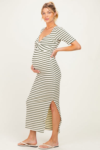 Cream/ Olive Striped Knit Short Sleeve Maternity Maxi Dress