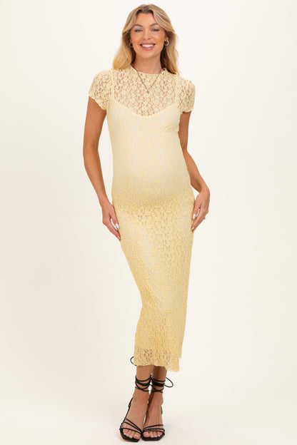 Yellow Sheer Lace Overlay Short Sleeve Maternity Midi Dress