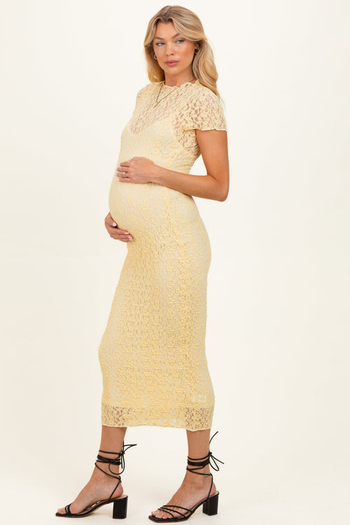 Yellow Sheer Lace Overlay Short Sleeve Maternity Midi Dress