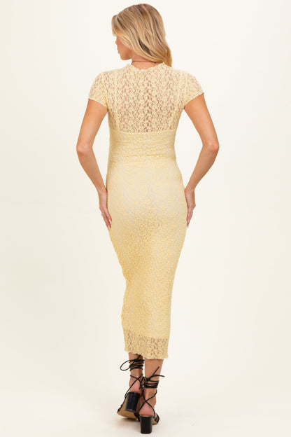 Yellow Sheer Lace Overlay Short Sleeve Maternity Midi Dress