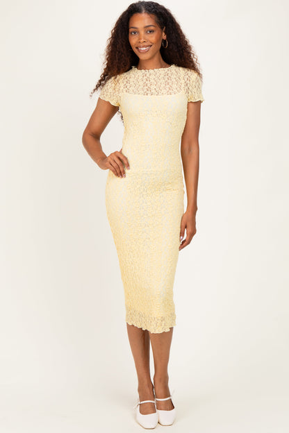 Yellow Sheer Lace Overlay Short Sleeve Maternity Midi Dress