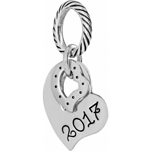Brighton heart charm with silver-plated 2017 engraving and rope-textured ring loop on a white background