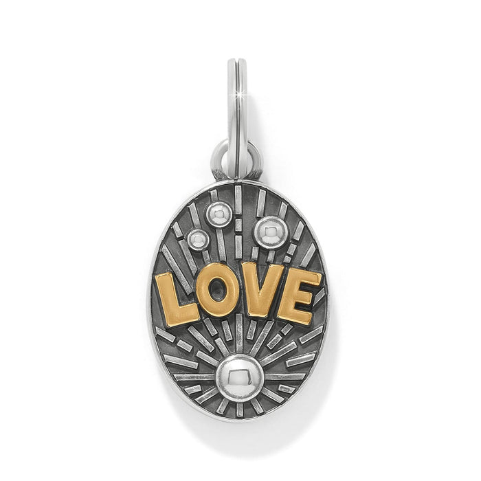 Brighton oval charm with silver-plated sunburst design and gold LOVE lettering on a white background