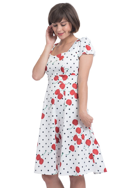 Claudia 50's Dress in White Cherry Dot Print