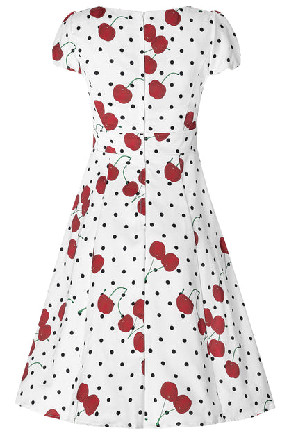 Claudia 50's Dress in White Cherry Dot Print