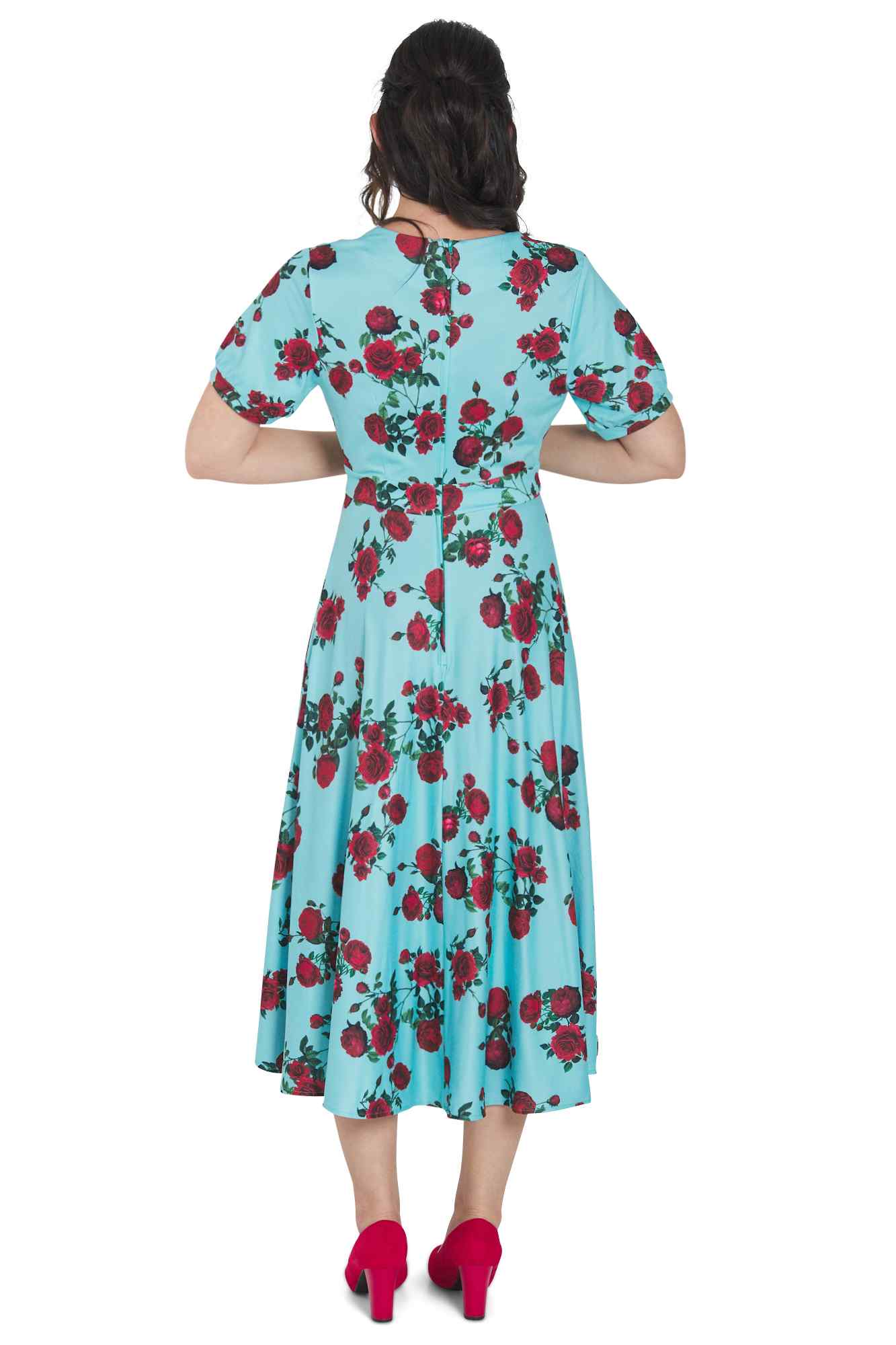 Julia 50s Style Red Rose Sleeved Dress in Blue