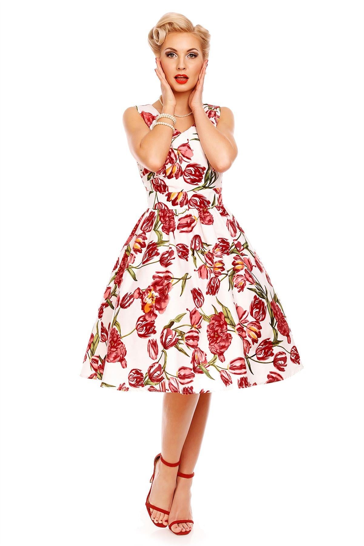 May V-neck 50s Style Floral Dress in White-Pink Tulip