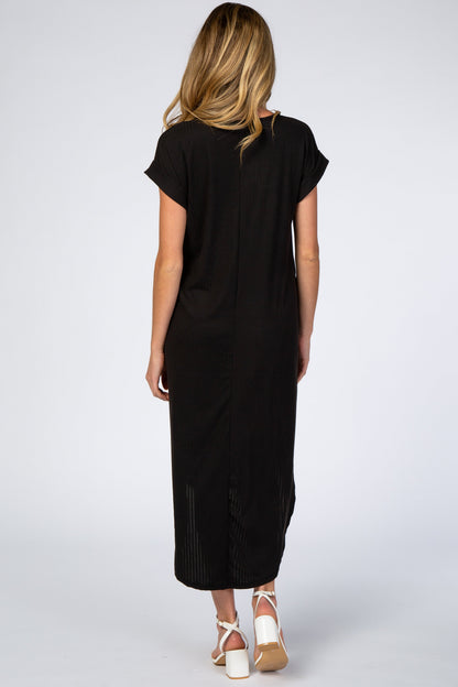 Black Ribbed Curved Hem Maternity Midi Dress