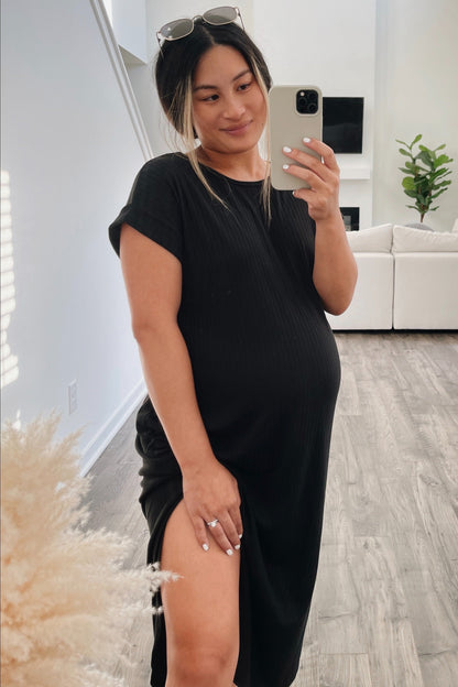 Black Ribbed Curved Hem Maternity Midi Dress