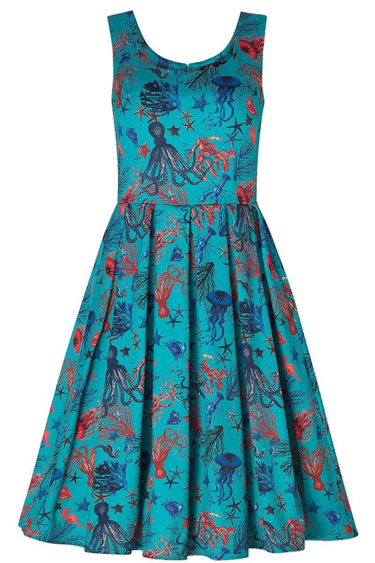 Amanda Aquarium Sea Life Print Flared Dress in Blue/Red