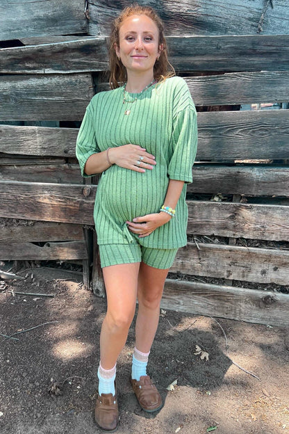 Light Olive Ribbed Soft Short Sleeve Maternity Shorts Set