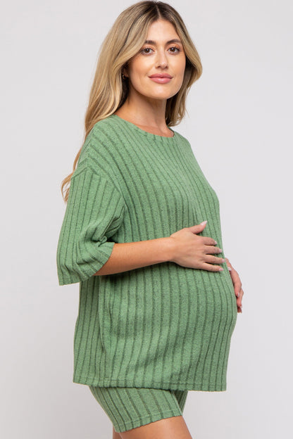 Light Olive Ribbed Soft Short Sleeve Maternity Shorts Set