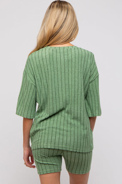 Light Olive Ribbed Soft Short Sleeve Maternity Shorts Set