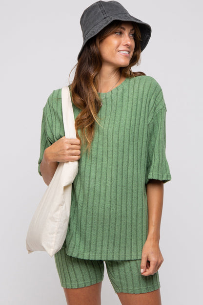 Light Olive Ribbed Soft Short Sleeve Maternity Shorts Set