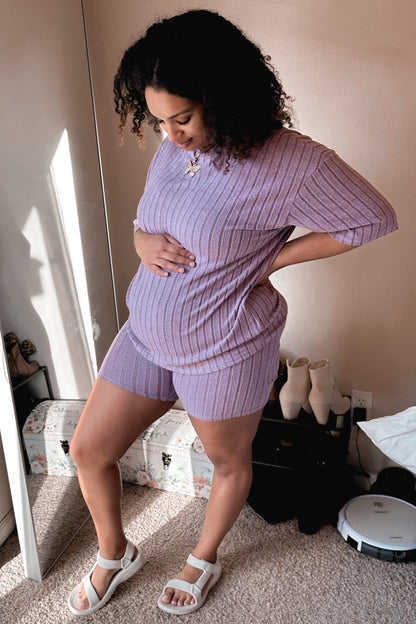 Purple Ribbed Soft Short Sleeve Maternity Shorts Set