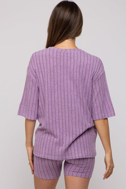 Purple Ribbed Soft Short Sleeve Maternity Shorts Set