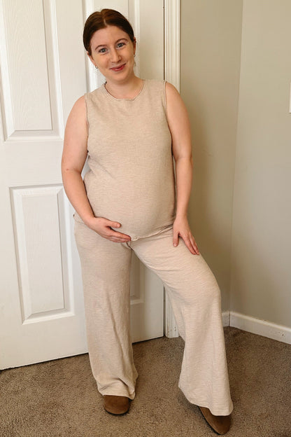 Beige Slub Knit Maternity Pants Set