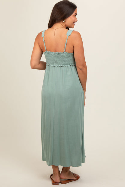 Light Olive Button Down Smocked Maternity Dress