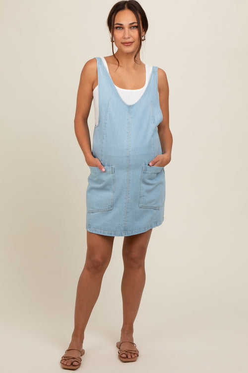Blue Denim Side Pocket Overall Maternity Dress