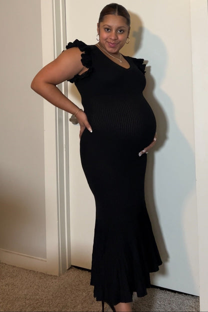 Black Ruffle Sleeve Mermaid Hem Maternity Midi Dress