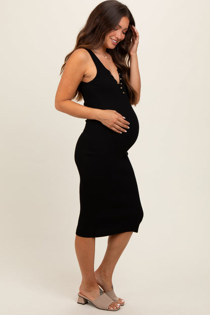 Black Ribbed Fitted Sleeveless Snap Button Maternity Dress