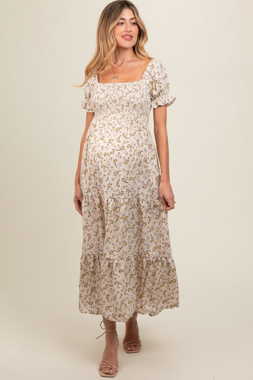 Cream Floral Smocked Square Neck Tiered Puff Short Sleeve Maternity Maxi Dress