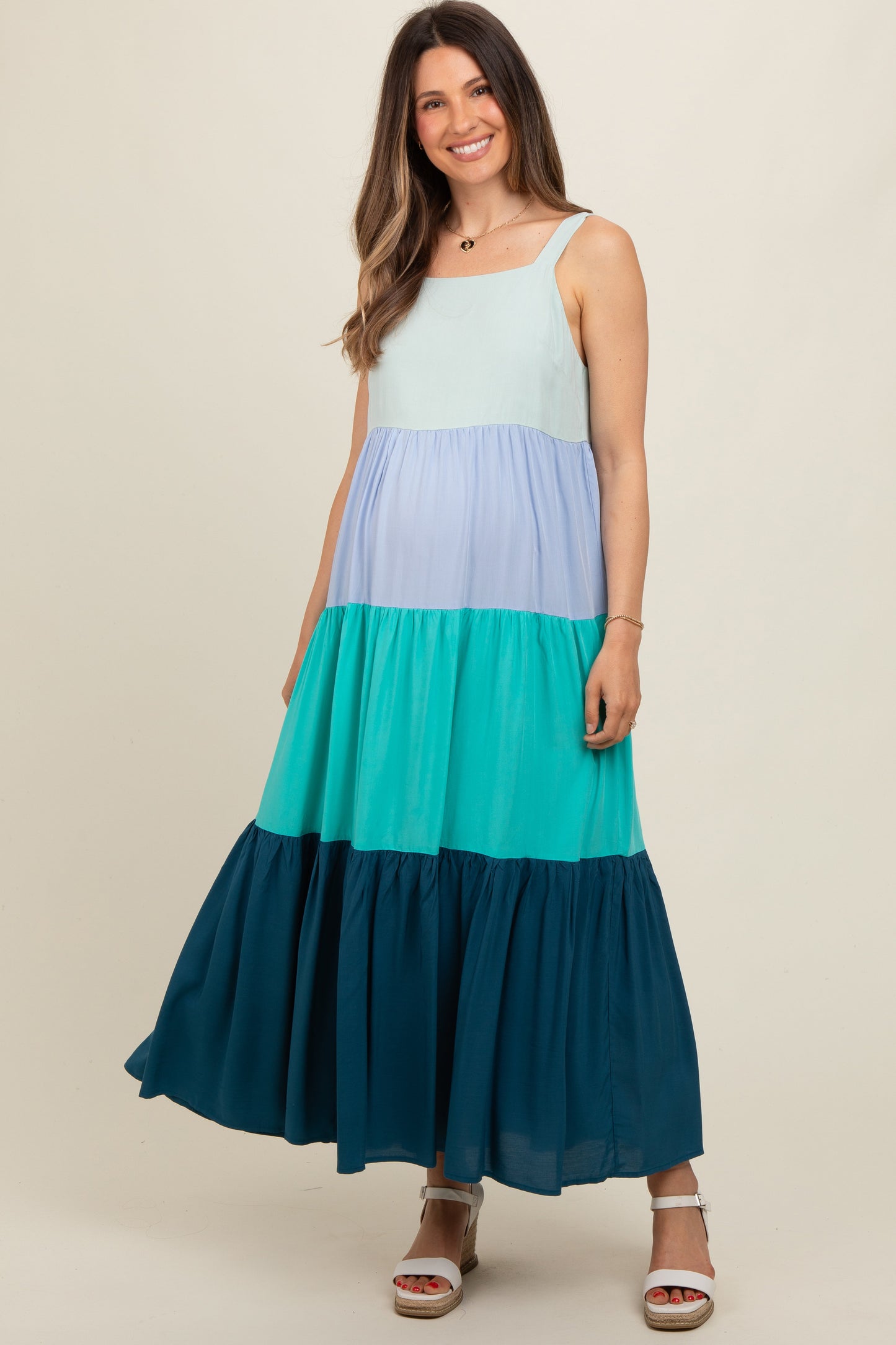 Blue Tiered Colorblock Maternity Maxi Dress