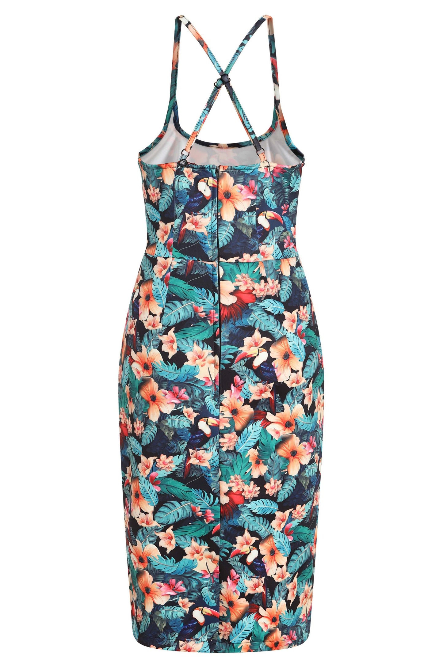 Norma Cross Strap Pencil Dress in Black Toucan Print