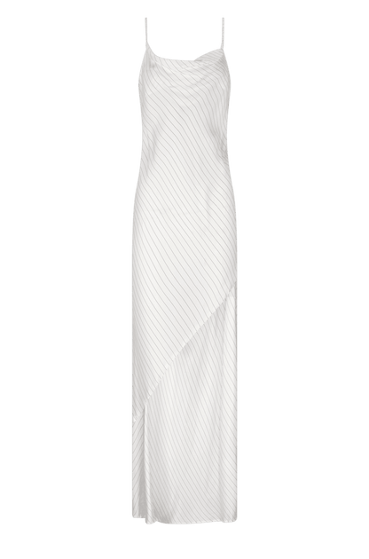 CURAAE Bella Maxi Cowl Neck Pinstripe Slip Dress In White