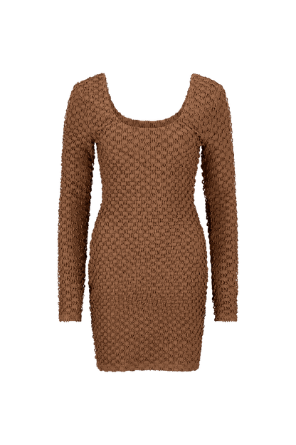 CURAAE Avery Textured Scoop Mini Dress In Brown