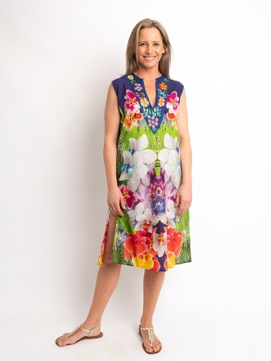 Sleeveless Shift Dress With Embellished V-neck in Multi-colour Floral on Blue
