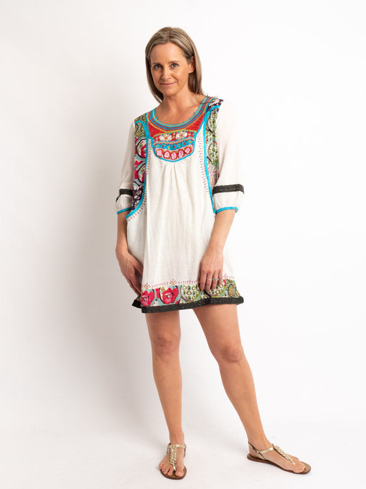 Embroidered Tunic Top in Moss Cotton and Cotton Silk