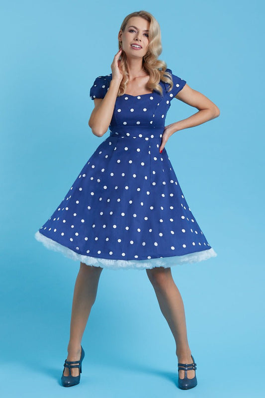 Claudia Flirty Fifties Style Polka Dot Dress In Navy-White