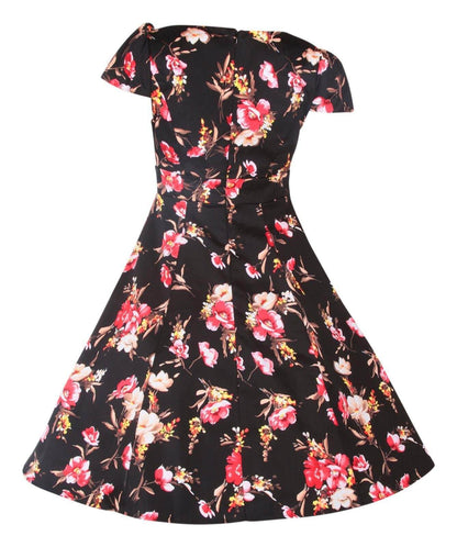 Claudia Flirty Fifties Swing Floral Dress in Black/Pink