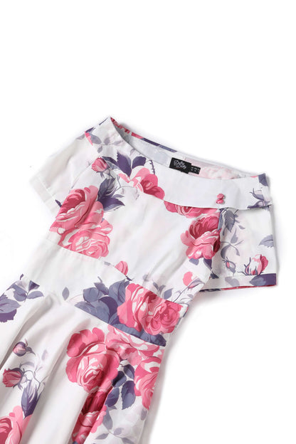 Darlene Pastel Roses Flared Dress In White