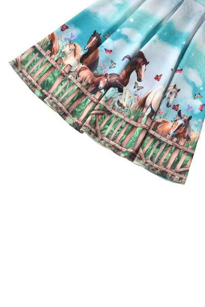 Aisley Horse Field Box Pleated Skirt In Blue