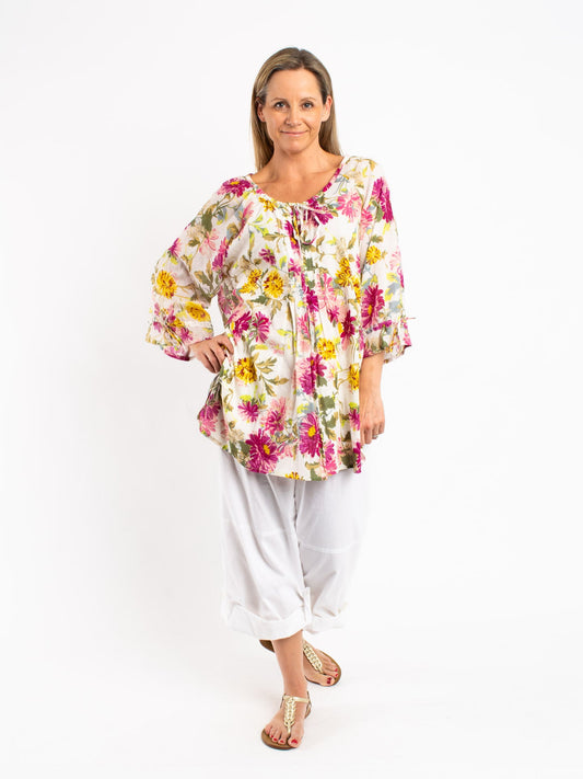 Pleated Round Neck Tie Top with ties in Ecru Floral