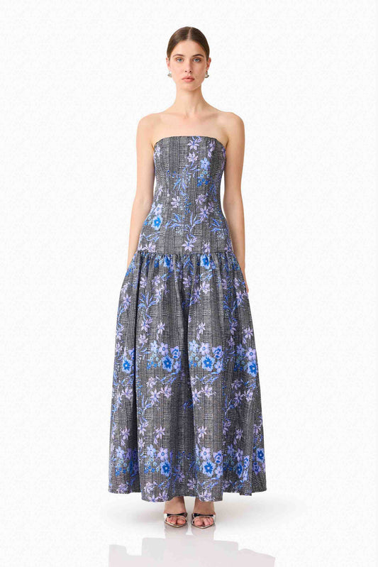Allana Jacquard Strapless Gown in Black & Blue Floral