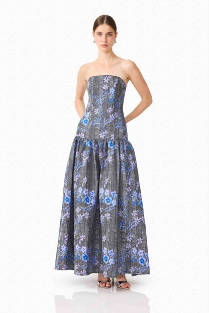 Allana Jacquard Strapless Gown in Black & Blue Floral