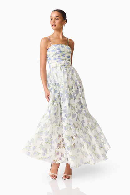 Cleo A-line Gown in White & Blue Floral