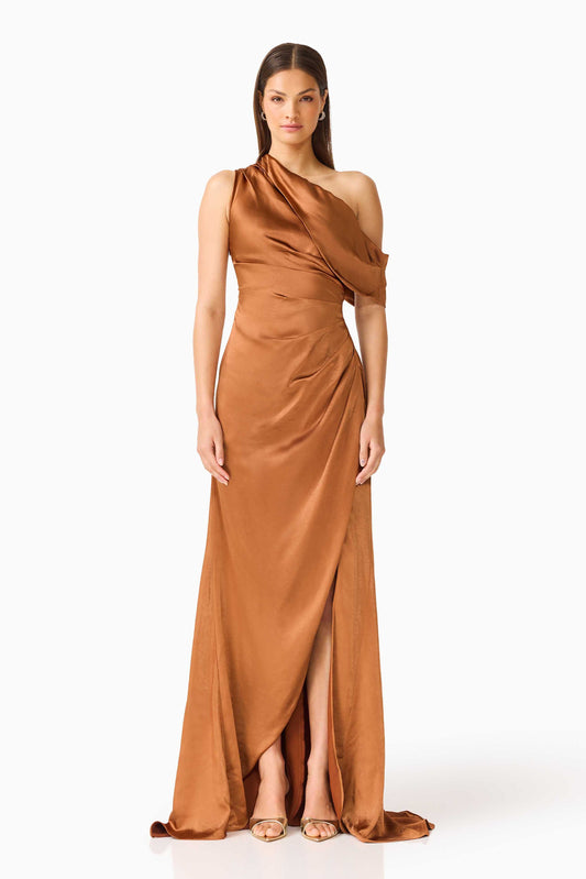 Isadora Off The Shoulder Gown in Toffee Brown