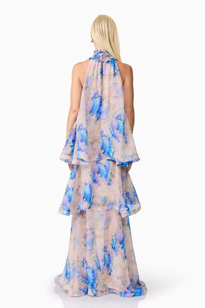 Briony Tiered Gown in Pink & Blue Floral