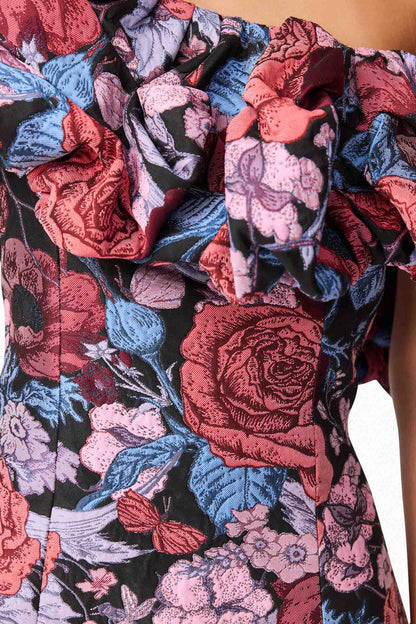 Delphine One Shoulder Mini Dress in Pink & Black Floral