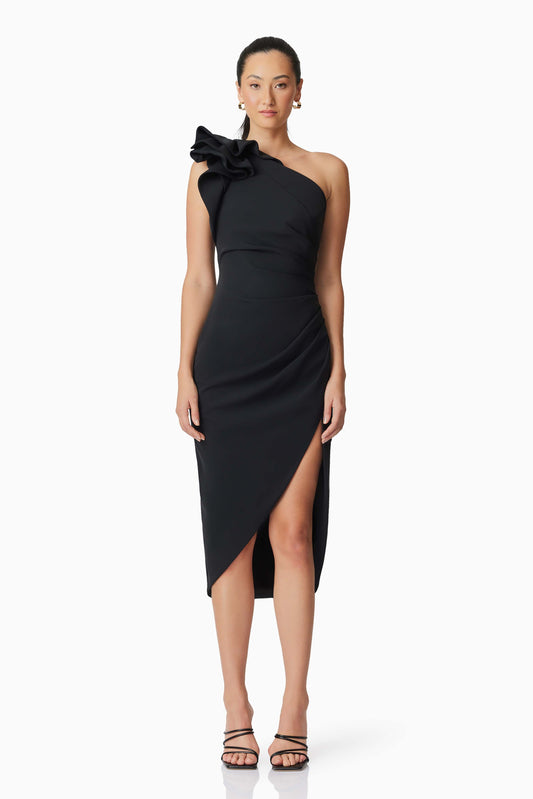 Hazelle One Shoudler Midi Dress in Black