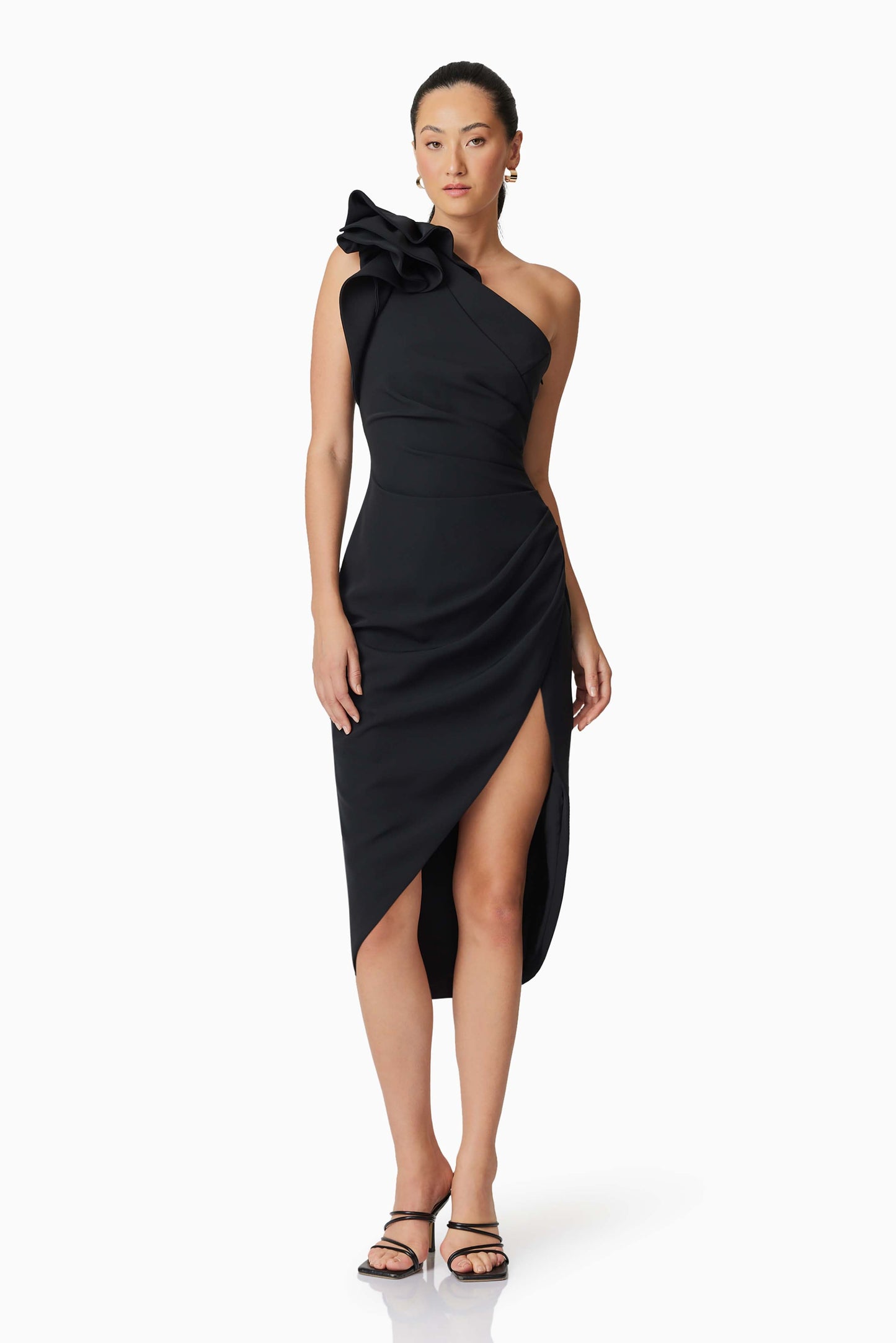 Hazelle One Shoudler Midi Dress in Black