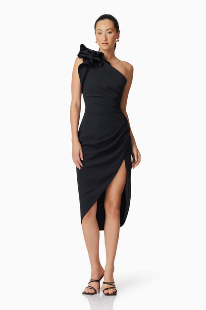Hazelle One Shoudler Midi Dress in Black